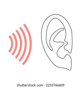 human ear with waves - one line drawing vector. concept echolocation, sound signal, radio waves, radiation