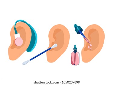 Human ears with aerophone,cotton swab and pipette.Hearing protection.Deafness prevention and otolaryngology.Personal hygiene routine and care.Removing cerumen,otitis treatment with serum medical drops