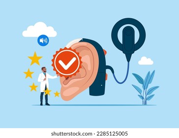 Human ears with cochlear implant. Quality Control and giving certified. Modern vector illustration in flat style