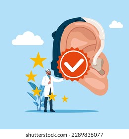 Human ears with hearing aid. Quality Control and giving certified. Modern vector illustration in flat style