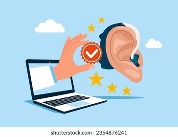 Human ears with hearing aid. Quality Control and giving certified. 