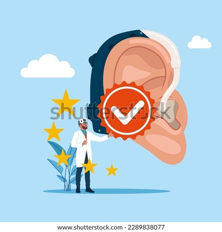 Human ears with hearing aid. Quality Control and giving certified. Modern vector illustration in flat style