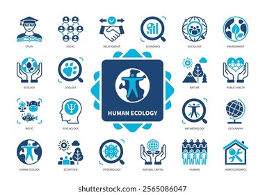 Human Ecology icon set. Zoology, Psychology, Environment, Ecosystem, Natural Capital, Nature, Biotic, Social. Duotone color solid icons