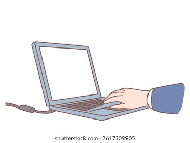 Human editor author writer hands typing text narration using laptop. Hand drawn style vector design illustrations.