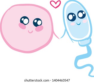 Un óvulo humano y una célula de esperma ruborizándose unos a otros, vectorial, dibujo de color o ilustración. 