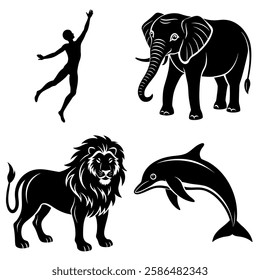 Human, Elephant, Lion, and Dolphin Diverse Animal and Human Silhouettes