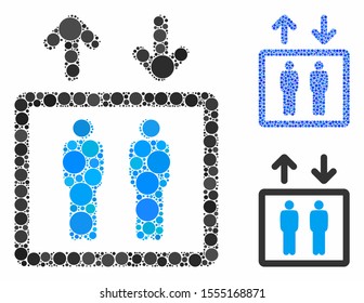 Human elevator composition of spheric dots in variable sizes and color hues, based on human elevator icon. Vector round elements are grouped into blue composition.