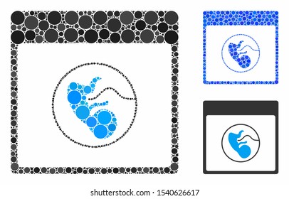 Human embryo calendar page composition of circle elements in variable sizes and color tints, based on human embryo calendar page icon. Vector circle elements are organized into blue composition.