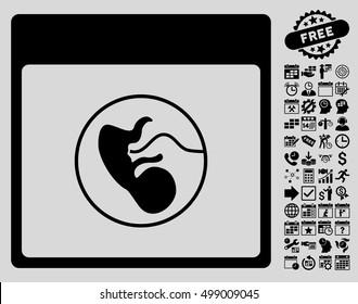 Human Embryo Calendar Page icon with bonus calendar and time management images. Vector illustration style is flat iconic symbols, black, light gray background.