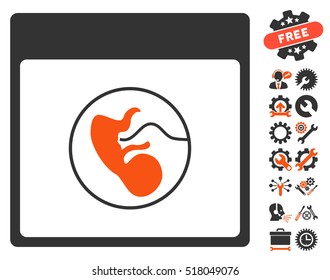 Human Embryo Calendar Page icon with bonus configuration pictograms. Vector illustration style is flat iconic symbols, orange and gray, white background.