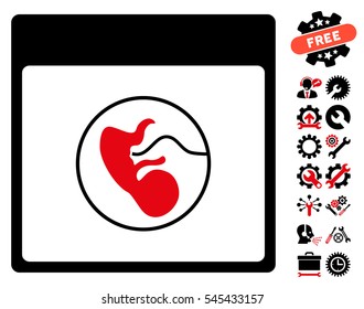 Human Embryo Calendar Page icon with bonus options symbols. Vector illustration style is flat iconic symbols, intensive red and black, white background.