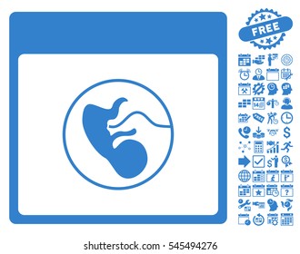Human Embryo Calendar Page icon with bonus calendar and time management design elements. Vector illustration style is flat iconic symbols, cobalt, white background.