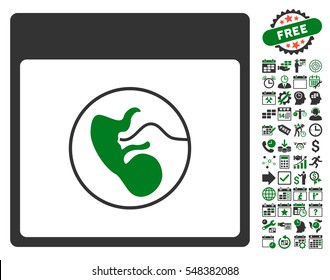Human Embryo Calendar Page icon with bonus calendar and time management images. Vector illustration style is flat iconic symbols, green and gray, white background.