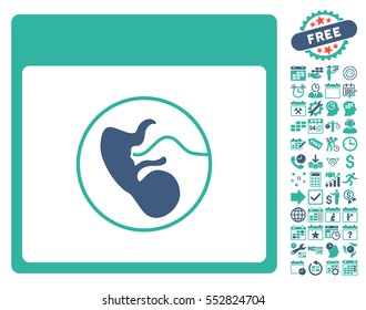 Human Embryo Calendar Page icon with bonus calendar and time management pictograms. Vector illustration style is flat iconic symbols, cobalt and cyan, white background.