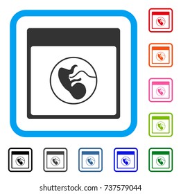Human Embryo Calendar Page icon. Flat grey pictogram symbol inside a light blue rounded rectangle. Black, gray, green, blue, red, orange color variants of Human Embryo Calendar Page vector.