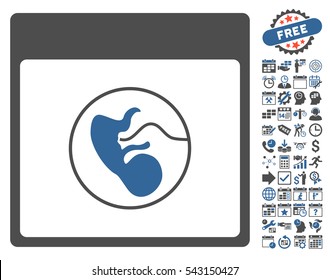 Human Embryo Calendar Page pictograph with bonus calendar and time management symbols. Vector illustration style is flat iconic symbols, cobalt and gray, white background.