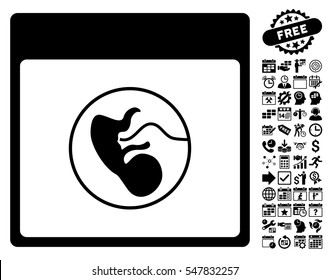 Human Embryo Calendar Page pictograph with bonus calendar and time management clip art. Vector illustration style is flat iconic symbols, black, white background.