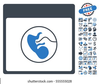 Human Embryo Calendar Page pictograph with bonus calendar and time management icon set. Vector illustration style is flat iconic symbols, smooth blue, white background.