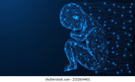 Human embryo connected to the lines of a printed circuit board. Artificial womb. Polygonal design. Blue background.