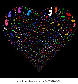 Human Embryo fireworks with heart shape. Vector illustration style is flat bright multicolored iconic symbols on a black background. Object love heart constructed from scattered design elements.