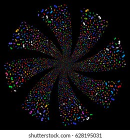Human Embryo fireworks swirl rotation. Vector illustration style is flat bright multicolored iconic symbols on a black background. Object whirlpool combined from random pictographs.