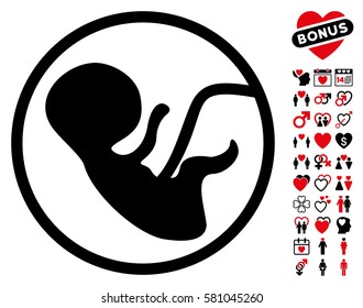 Human Embryo icon with bonus decoration pictograph collection. Vector illustration style is flat iconic intensive red and black symbols on white background.