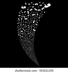 Human Embryo random fireworks stream. Vector illustration style is flat white iconic symbols on a black background. Object fountain made from scattered icons.