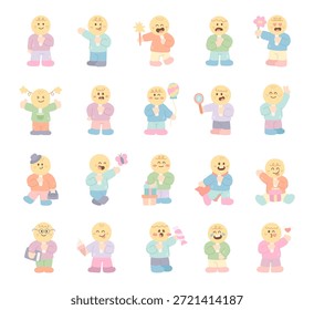 Personaje de cara de emoji humano ambientado en estilo escandinavo que muestra las emociones de los niños posa actividades con globo regalo libro de dulces helado sentimientos cotidianos