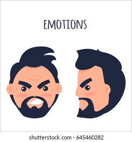 Human emotion of anger and annoyance vector illustration. Cartoon brunette male character with beard and twisted mouth frowns his eyebrows from front view and in profile isolated on white background
