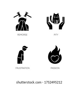 Human emotion black glyph icons set on white space. Remorse for psychological healing. Feeling of pity and empathy. Frustration from depression. Silhouette symbols. Vector isolated illustration