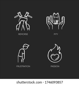Human emotion chalk white icons set on black background. Remorse for psychological healing. Mental state. Feeling of empathy. Frustration from depression. Isolated vector chalkboard illustrations