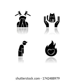 Human emotion drop shadow black glyph icons set. Remorse for psychological healing. Mental state. Feeling of pity and empathy. Frustration from depression. Isolated vector illustrations on white space