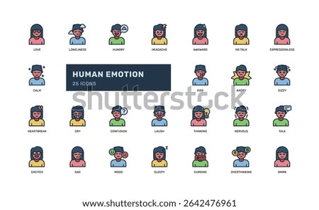 Human emotion icon set in outline filled style showing various facial expressions mood states and emotional reactions perfect for mental health UI infographic or communication projects
