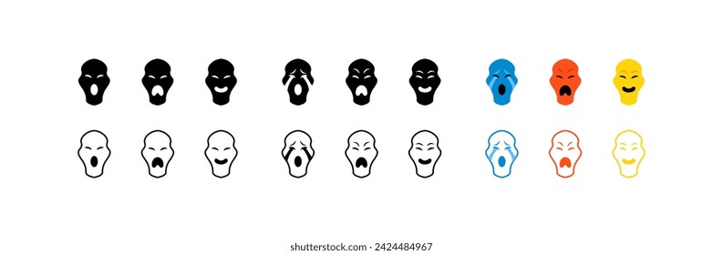 Human emotion icons. Different styles, collection of faces with emotions, joy, sadness, cry, smile emotions. Vector icons
