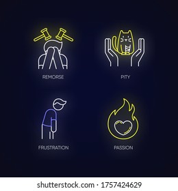 Human emotion neon light icons set. Remorse for psychological healing. Feeling of pity and empathy. Emotion of passion. Signs with outer glowing effect. Vector isolated RGB color illustrations