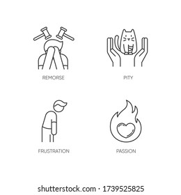 Human emotion pixel perfect linear icons set. Remorse for psychological healing. Mental state. Customizable thin line contour symbols. Isolated vector outline illustrations. Editable stroke