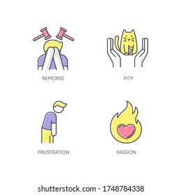 Human emotion RGB color icons set. Remorse for psychological healing. Mental state. Feeling of pity and empathy. Frustration from depression. Emotion of passion. Isolated vector illustrations