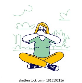 Equilibrio emocional humano y concepto de lenguaje corporal. Mujer Joven Sentada Al Aire Libre Cubriendo Boca Como Un Mono Sabio No Se Lo Dice Al Mal. El personaje femenino se niega a hablar mal. Ilustración de vectores de personas lineales