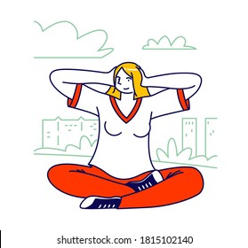 Equilibrio emocional humano y concepto de lenguaje corporal. Mujer Joven Sentada Al Aire Libre Cubriendo Orejas Como Un Mono Sabio No Escuche El Mal. Personaje femenino se niega a escuchar mal. Ilustración de vectores de personas lineales