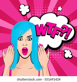Human emotions face expression feelings. Angry young sexy blue hair comic girl pop art background. Vector illustration woman portrait, red lips, shocked emotion, empty speech bubble in comic book