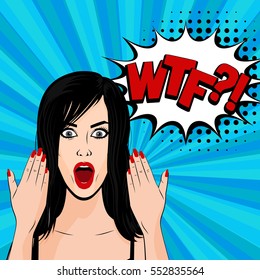 Human emotions face expression feelings. Angry young sexy brunette girl pop art style. Vector illustration comic woman portrait, red lips, shocked emotion, empty WTF speech bubble in comic book.