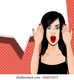 Human emotions face expression. Indignant young sexy brunette comic girl black dress pop art backdrop. Vector illustration woman portrait, red lips, shocked emotion, empty speech bubble comic book