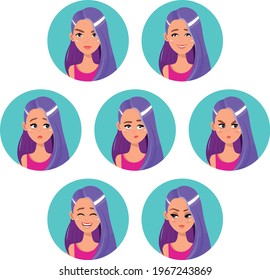  Human emotions. Joyful, brooding, sorrow, anger girl with colored hair