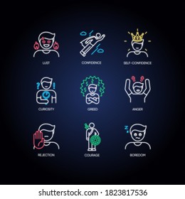 Human emotions neon light icons set. Psychological states and negative emotions signs with outer glowing effect. Emotional behaviour, personal qualities. Vector isolated RGB color illustrations