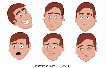 Human emotions palette vector illustration.  Man faces isolated on white background. Man head expressing different emotions.