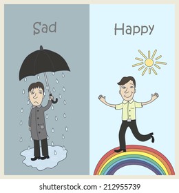 Human emotions - sadness and joy. Sad man under an umbrella, and happy running on a rainbow.