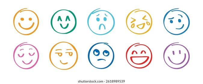 Human emotions smiley doodle hand drawn set. Funny hand drawn faces abstract collection. Cute expression, angry or sad comic communication. Vector illustration