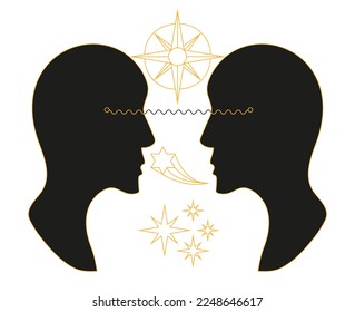 Human empathy, encouraging, understanding concept vector. Silhouette of two heads of people. Stars, lines show as a mental connection.