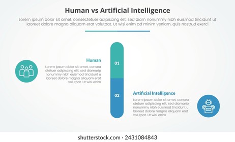 humano empleado vs inteligencia artificial versus comparación concepto infográfico opuesto para presentación de diapositivas con porcentaje de barra vertical redonda con estilo plano