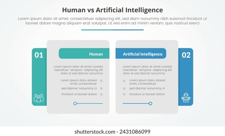 humano empleado vs inteligencia artificial versus comparación concepto de infografía opuesta para presentación de diapositivas con mesa grande creativa lado con estilo plano